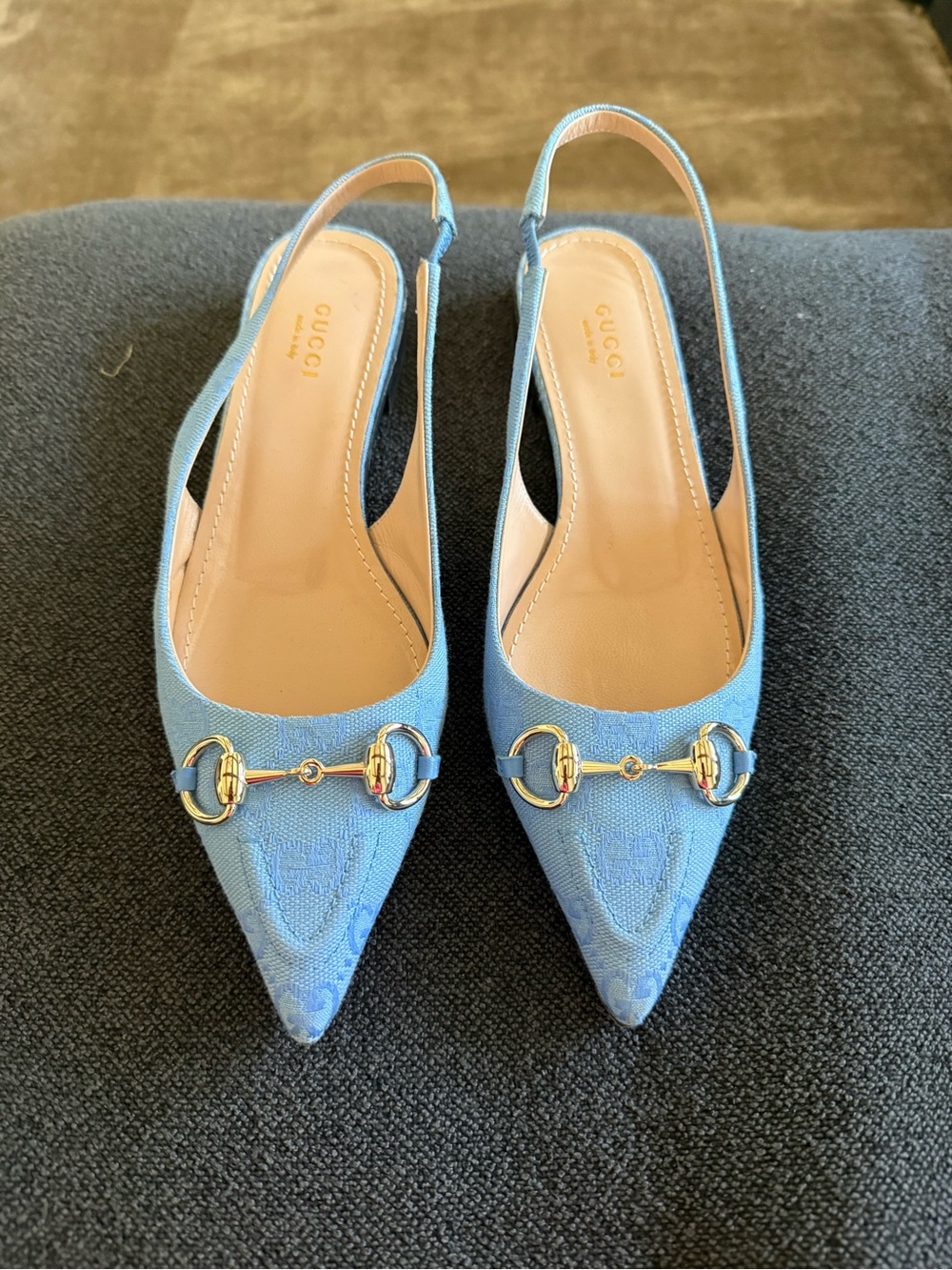 Gucci Light Blue Slingback Horsebit Flats